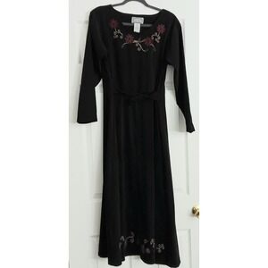 Jane Ashley Dress Women's Size S Black Floral Embroidery Faux Suede Belted